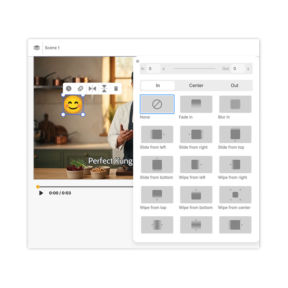 Adjusting a graphic on a Visla video scene by resizing, positioning, timing, and animating it